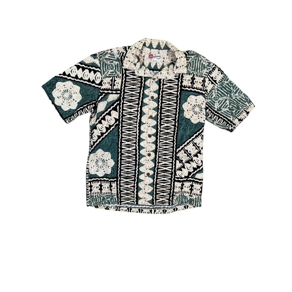 Vintage Hilo Hattie Hawaiian Shirt Floral Green Barkcloth Hawaii 80s USA, Size L - Picture 1 of 7